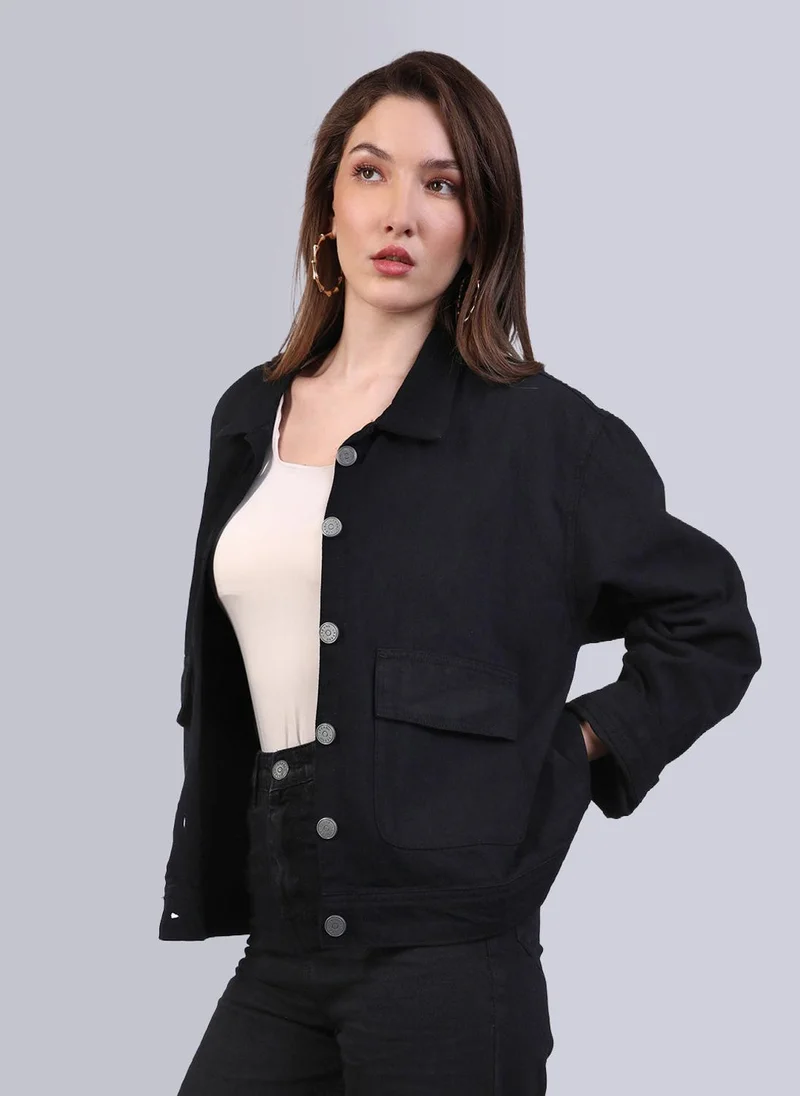 Urbano Fashion  Urbano Fashion Women's Black Relaxed Fit Full Sleeve Utility Denim Jacket for Women | Best Price UAE